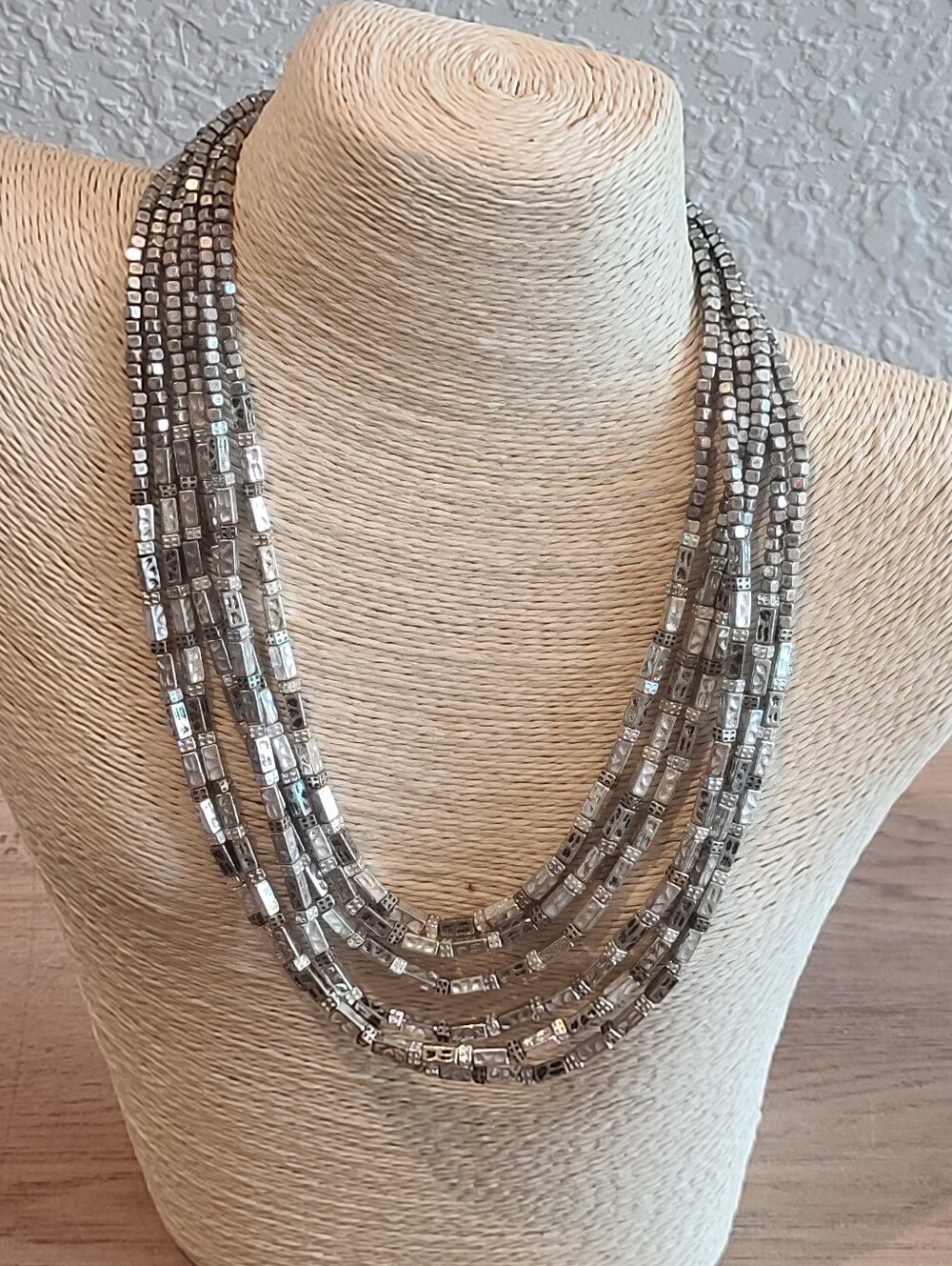 Chico's Silver 2-Tone Multi Strand Geometric Beaded Statement Necklace Vintage